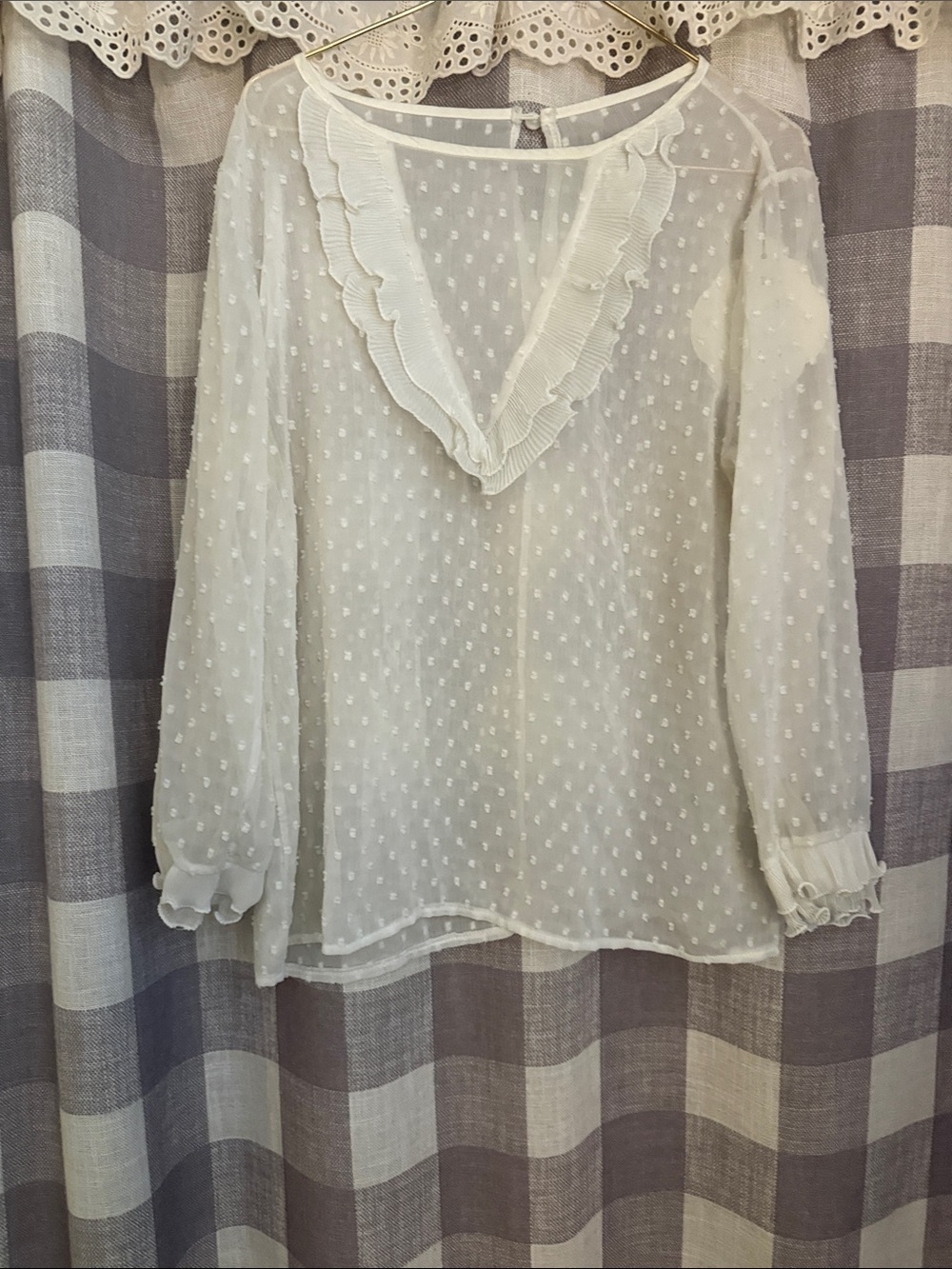 Sheer Swiss Dot Ruffle V-Neck Blouse - White